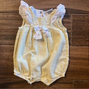 Crown and Ivy yellow spring and summer seersucker baby girl romper with bow